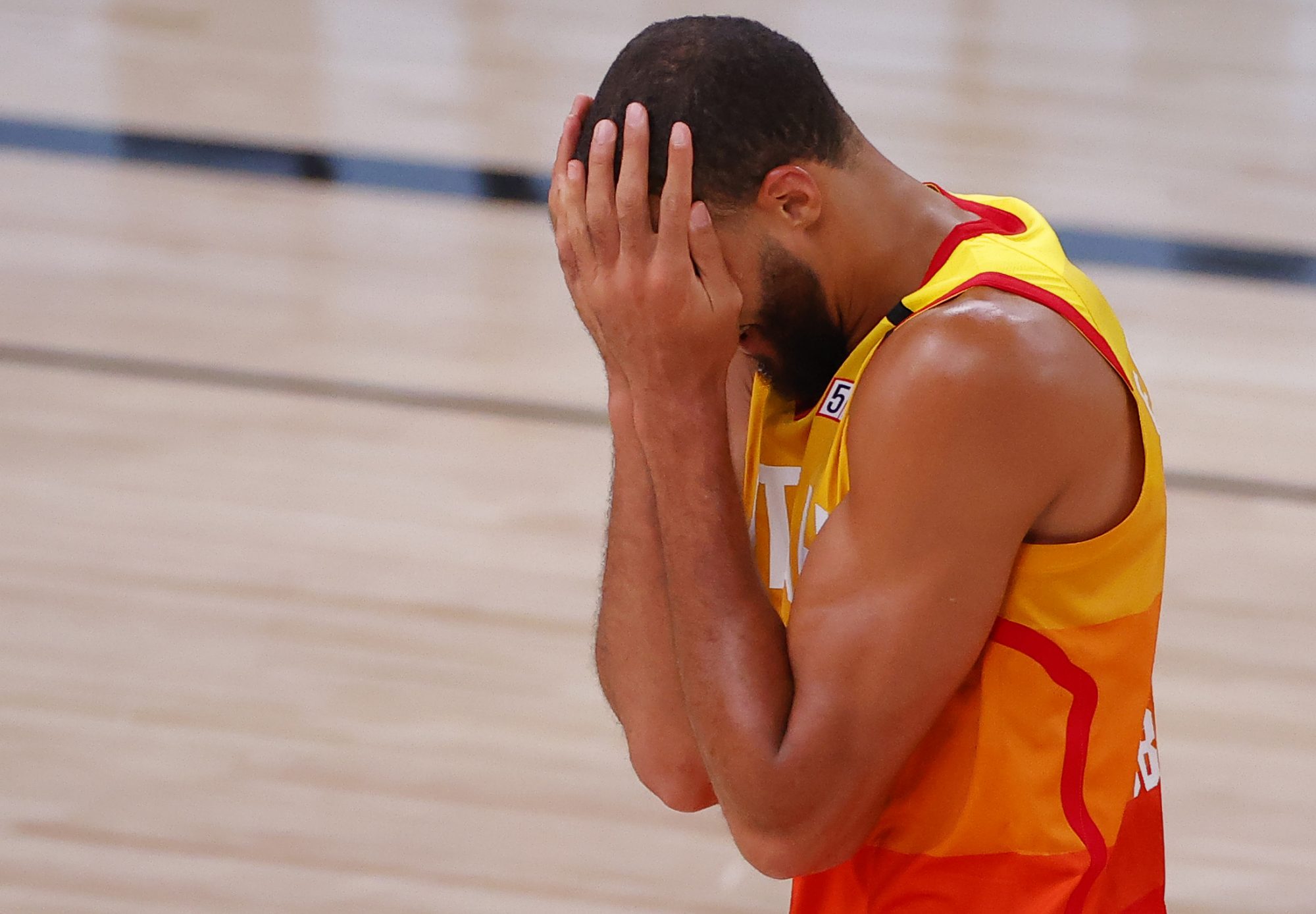 Rudy Gobert of the Utah Jazz looks miserable.
