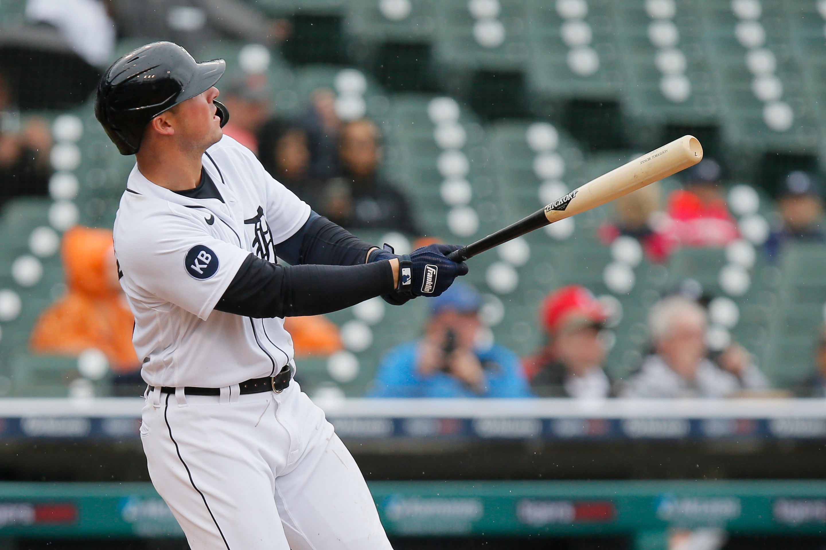 Spencer Torkelson #20 of the Detroit Tigers hits a home run to left field against the Boston Red Sox during the seventh inning at Comerica Park on April 13, 2022, in Detroit, Michigan.