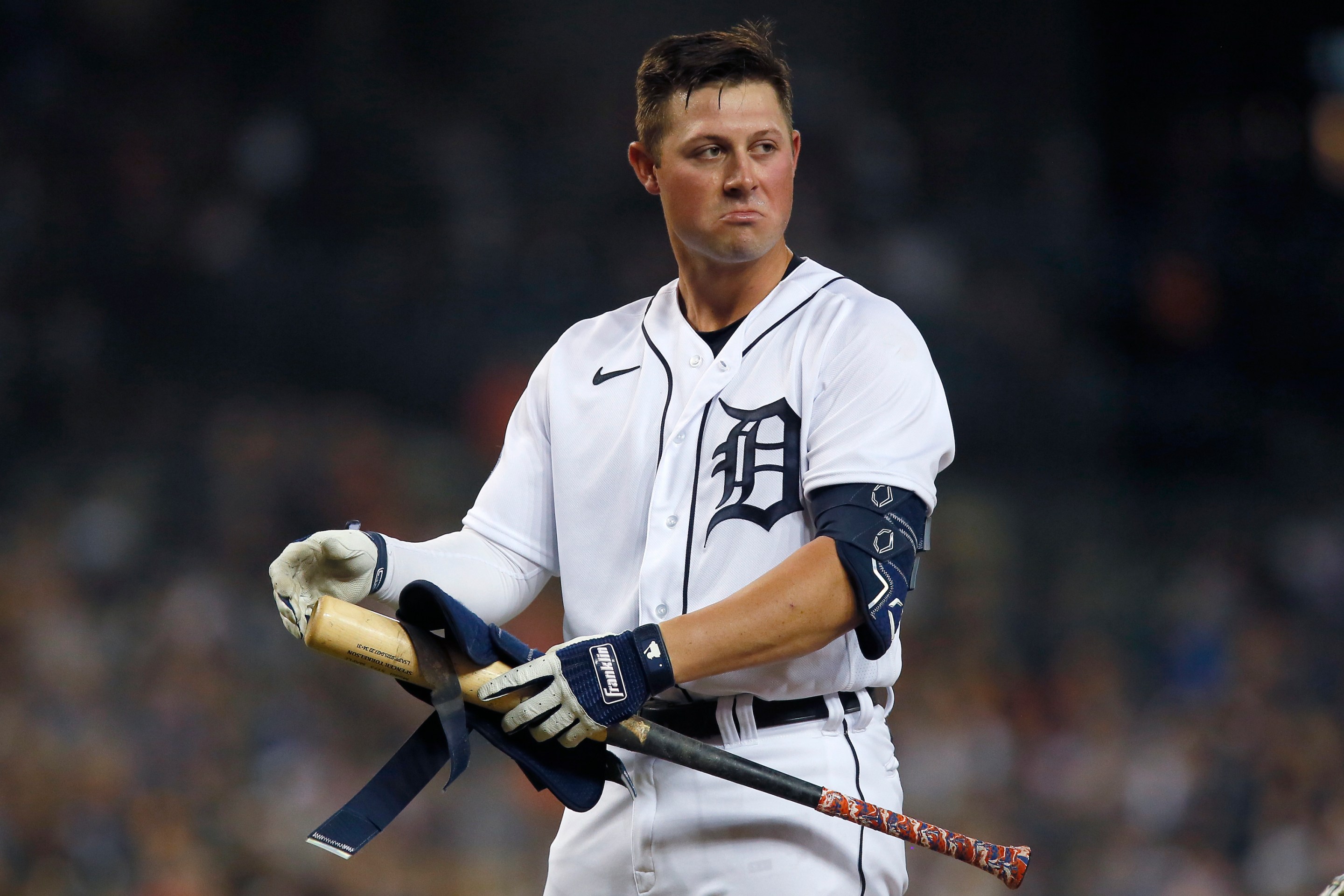Detroit Tigers first baseman Spencer Torkelson looking very sad after making an out against the Royals in July of 2022.