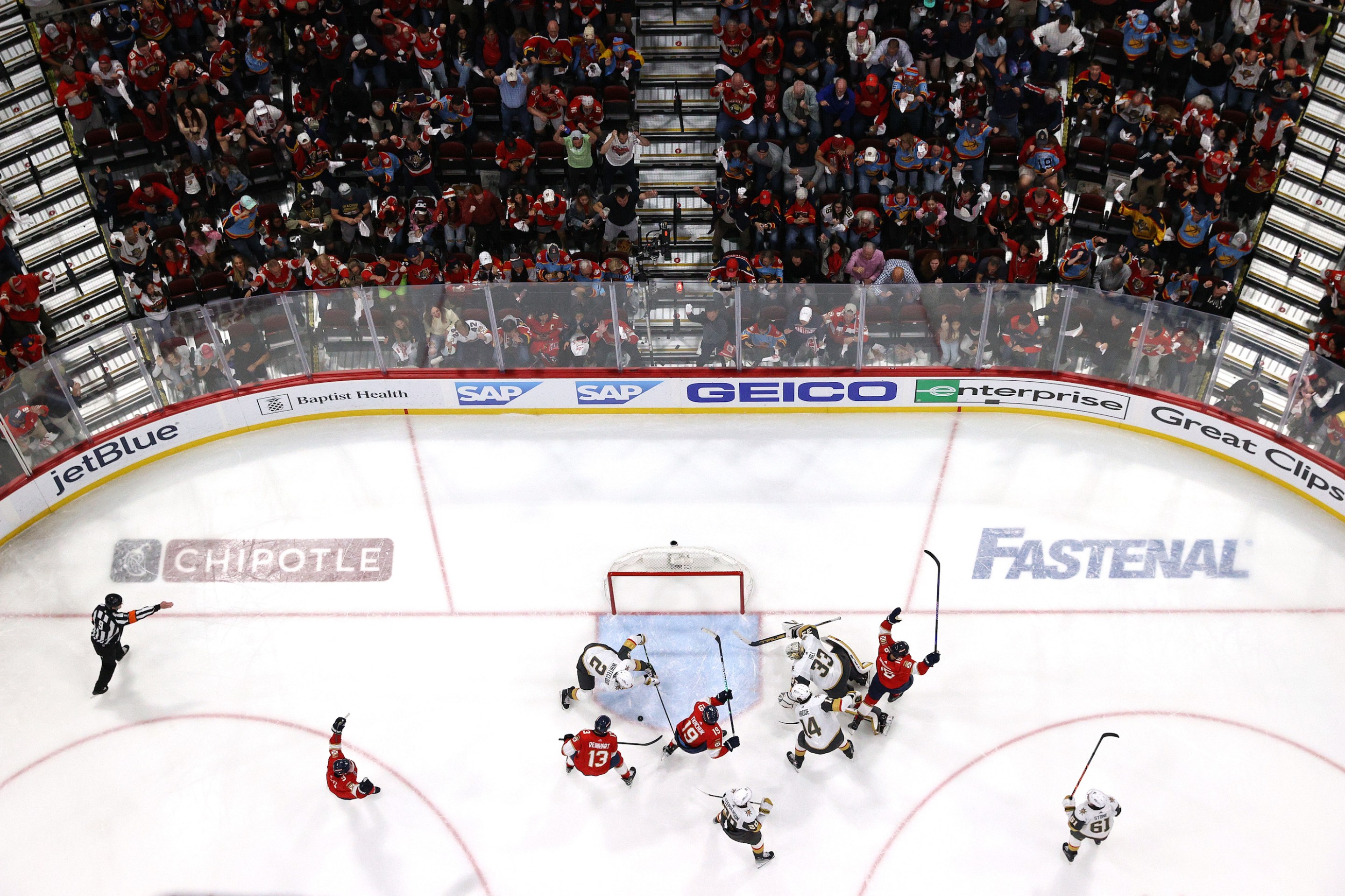 SUNRISE, FLORIDA - JUNE 08: Matthew Tkachuk #19 of the Florida Panthers scores a goal past Adin Hill #33 of the Vegas Golden Knights during the third period in Game Three of the 2023 NHL Stanley Cup Final at FLA Live Arena on June 08, 2023 in Sunrise, Florida. (Photo by Patrick Smith/Getty Images)