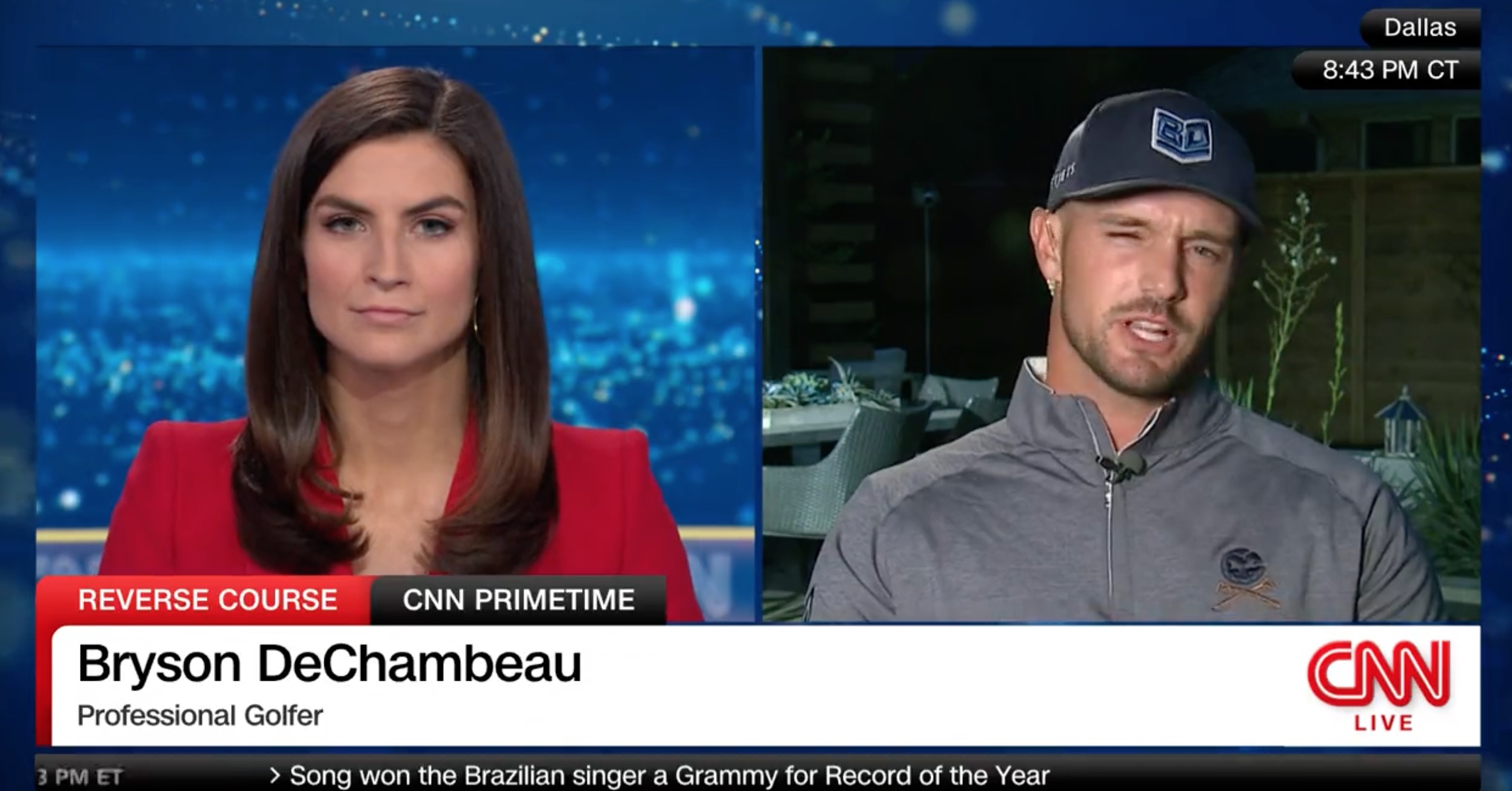DeChambeau begins his interview with Collins, minutes before he gets to the 9/11 stuff