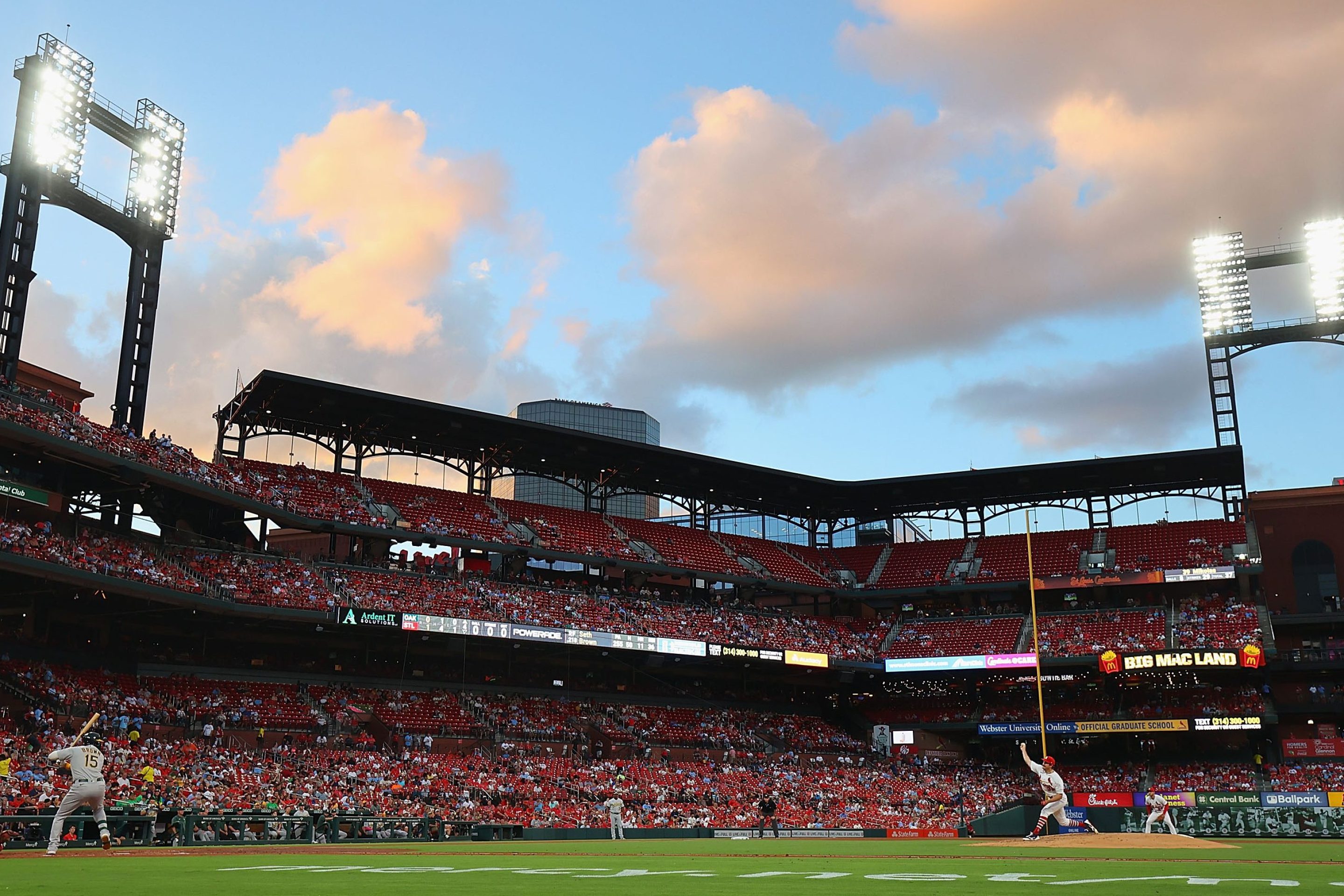 General view of Busch Stadium during a game between the St. Louis Cardinals and the Oakland Athletics on August 14, 2023 in St Louis, Missouri.