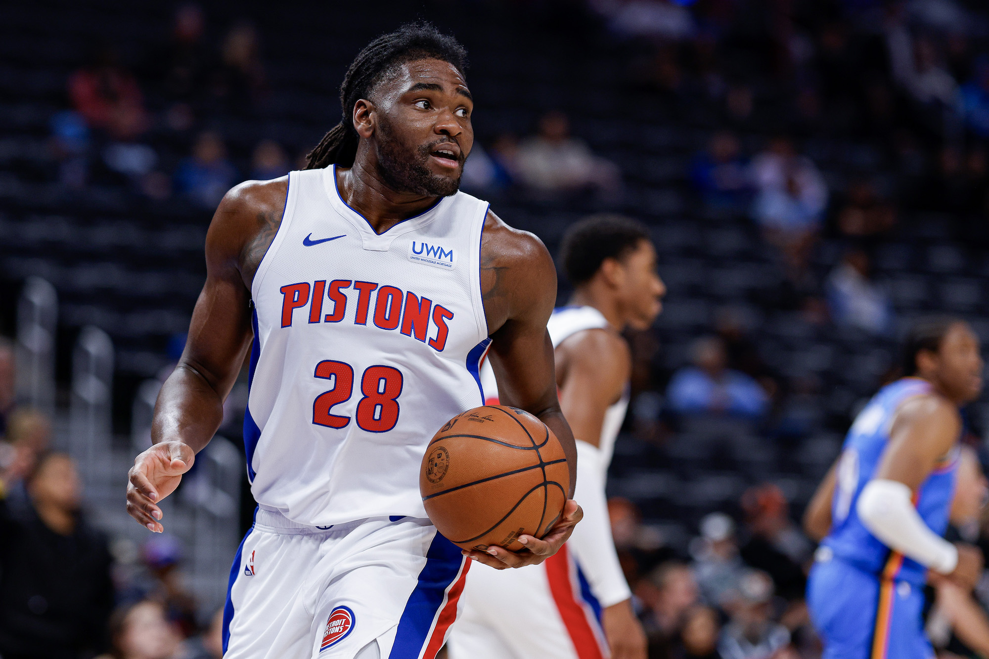 Isaiah Stewart of the Pistons dribbles the basketball