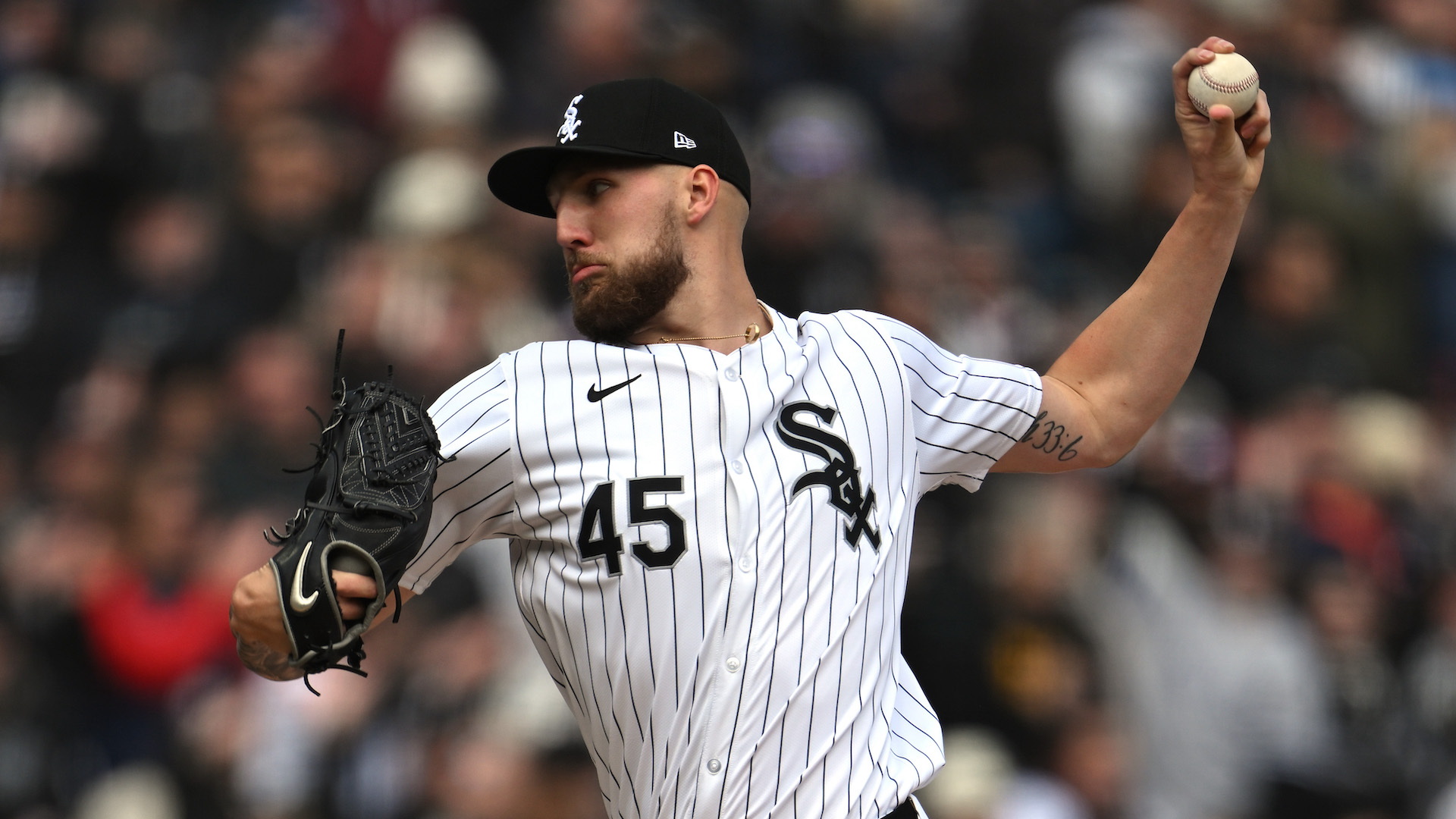 Garrett Crochet #45 of the Chicago White Sox throws in the first inning of the Opening Day game against the Detroit Tigers.