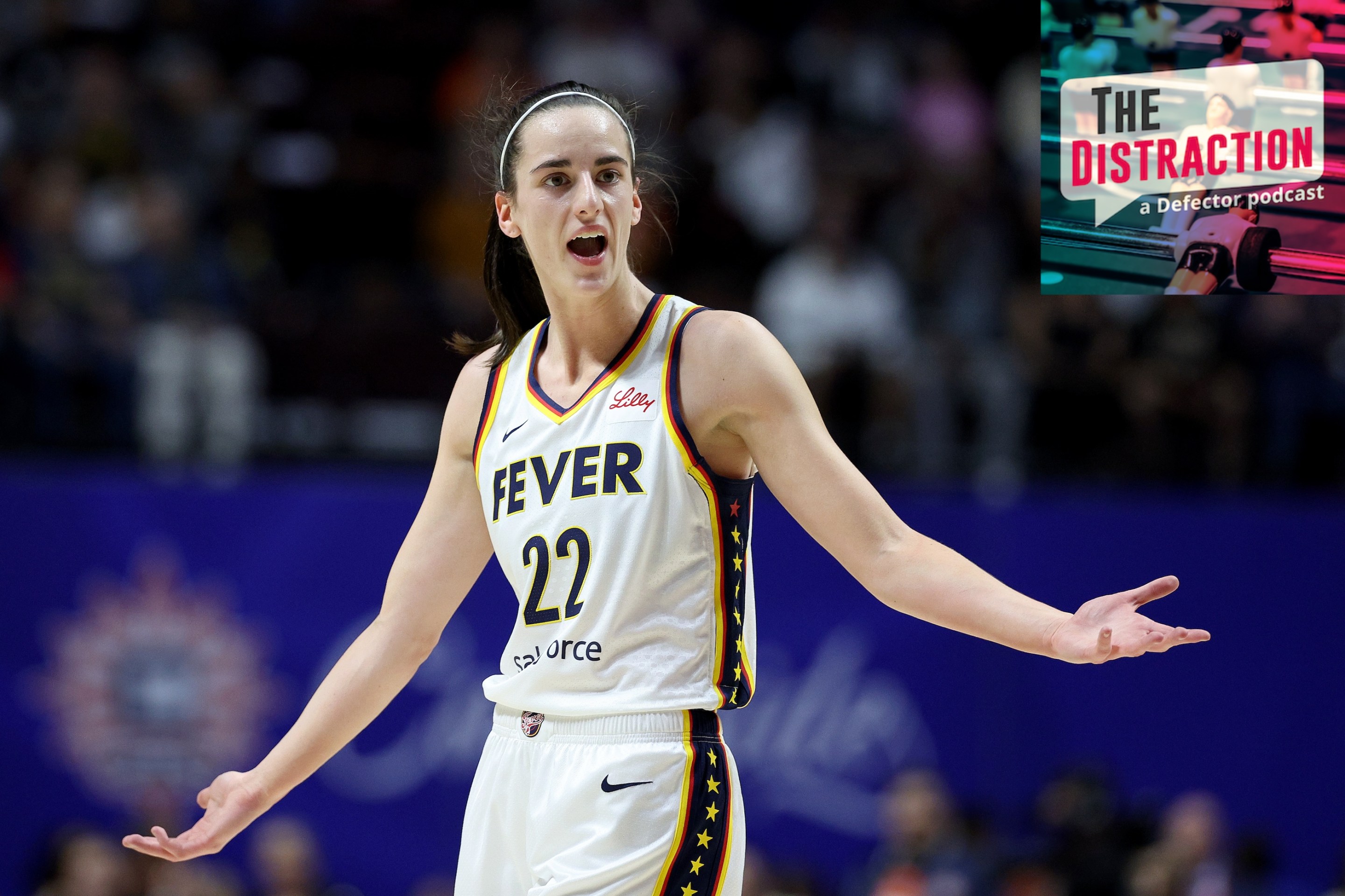 Caitlin Clark disputing a call during her first WNBA game, a loss to the Connecticut Sun at Mohegan Sun Arena on May 14, 2024,