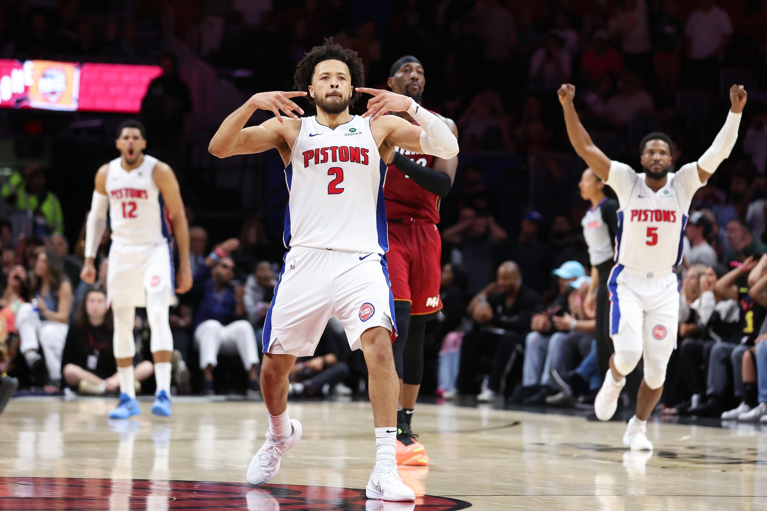 Cade Cunningham celebrates a game-winner.