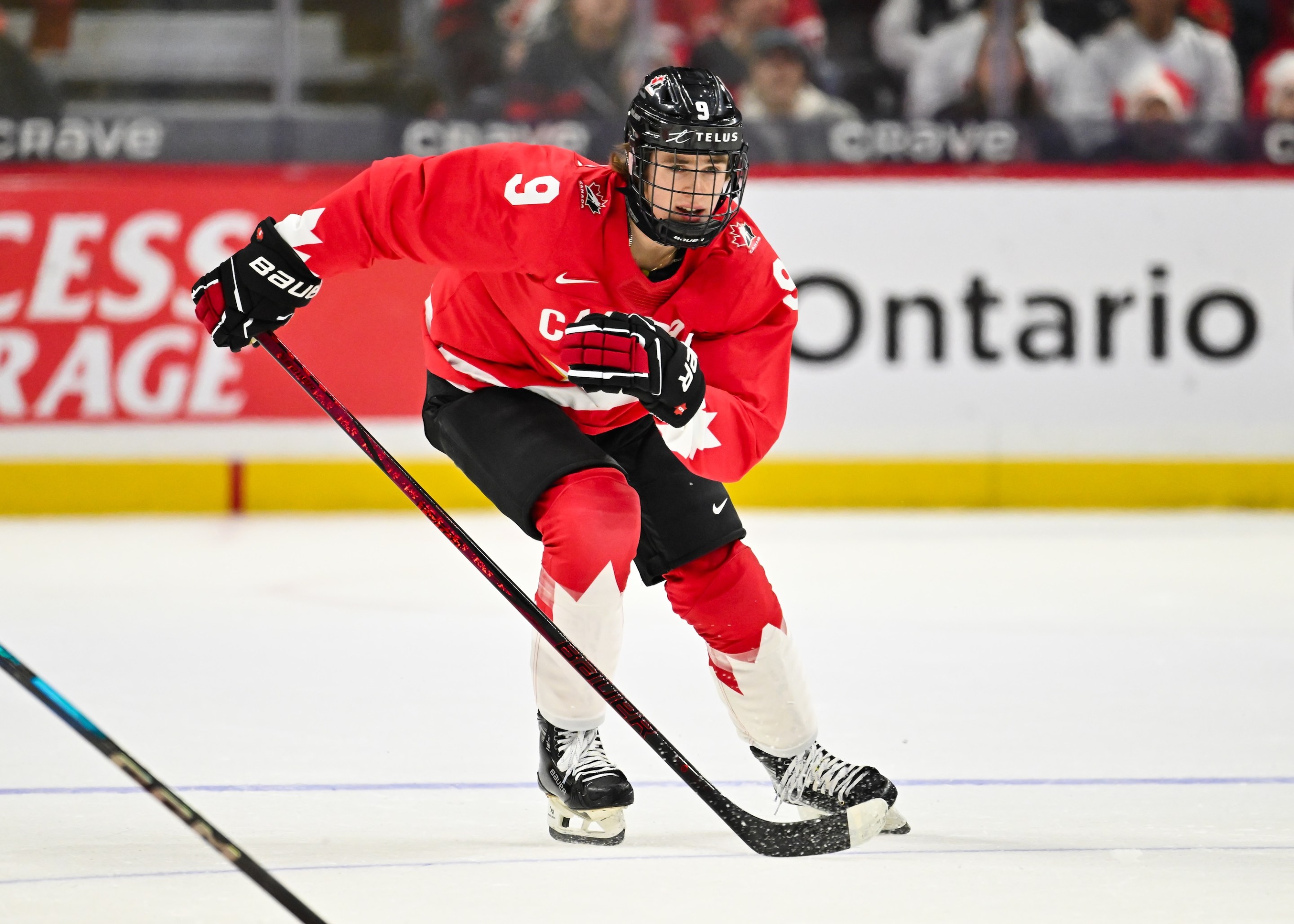 OTTAWA, CANADA - DECEMBER 29: Gavin McKenna #9 of Team Canada skates in the first period against Team Germany of the Group A match during the 2025 IIHF World Junior Championship at Canadian Tire Centre on December 29, 2024 in Ottawa, Ontario, Canada. Team Canada defeated Team Germany 3-0. (Photo by Minas Panagiotakis/Getty Images)
