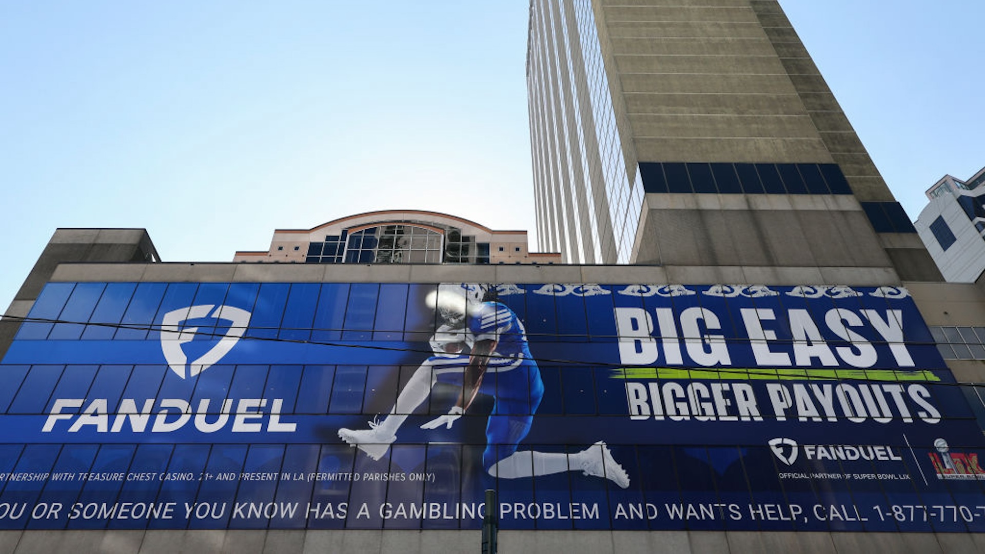 A FanDuel gambling advertisement on the exterior of a building prior to Super Bowl LIX on February 08, 2025 in New Orleans, Louisiana. The Philadelphia Eagles and the Kansas City Chiefs will face each other on Sunday.