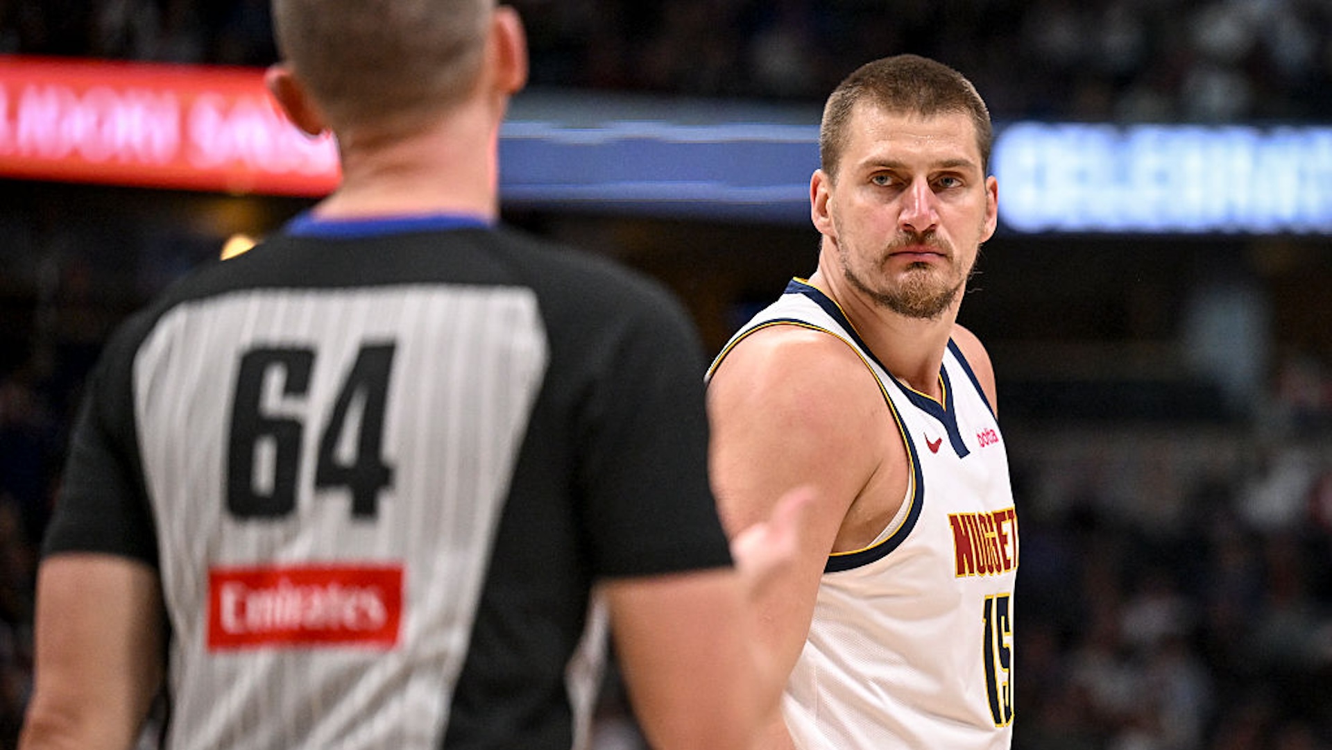 Nikola Jokic (15) of the Denver Nuggets argues with referee Justin Van Duyne (64) during the first quarter against the Minnesota Timberwolves at Ball Arena in Denver, Colorado on Tuesday, April 1, 2025.