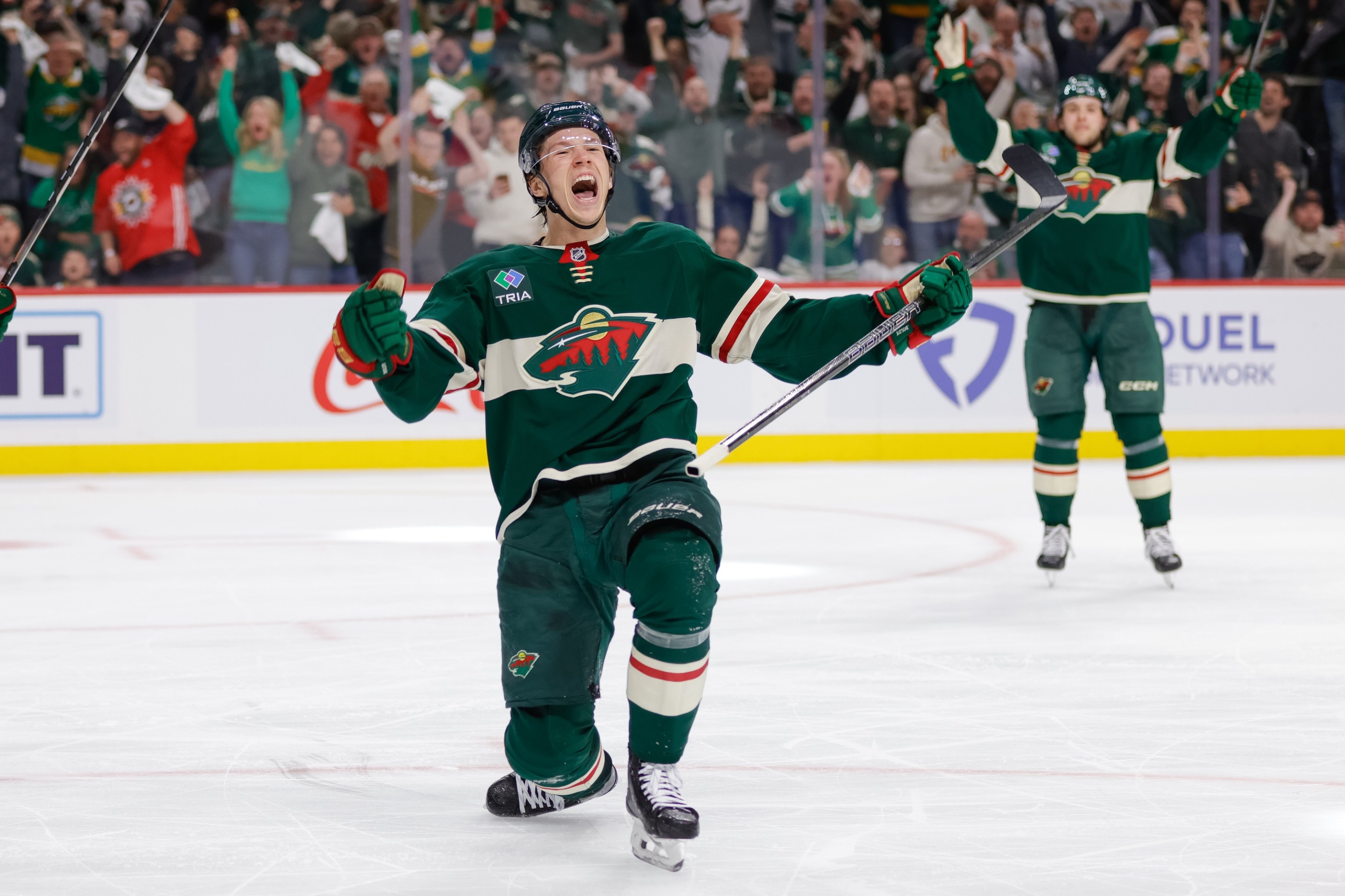 ST. PAUL, MN - APRIL 24: Minnesota Wild left wing Matt Boldy (12) celebrates scoring a goal during the second period in Game Three of the First Round of the 2025 Stanley Cup Playoffs between the Vegas Golden Knights and Minnesota Wild on April 24th, 2025, at the Xcel Energy Center in St. Paul, MN. (Photo by Bailey Hillesheim/Icon Sportswire via Getty Images)