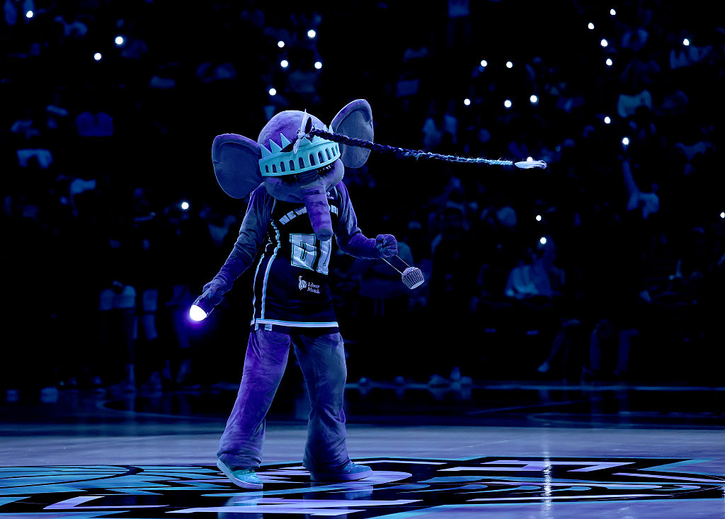 Ellie the Elephant, the New York Liberty mascot, performs before the game between the New York Liberty and the Connecticut Sun