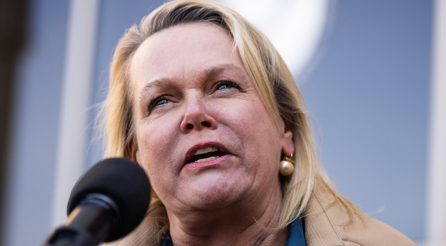 Rep. April McClain Delaney, D-Md., speaks during a rally outside National Oceanic and Atmospheric Administration headquarters to oppose the recent worker firings, in Sliver Spring, Md., on Monday, March 3, 2025